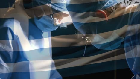 Animation-of-flag-of-greece-over-surgeons-in-operating-theatre