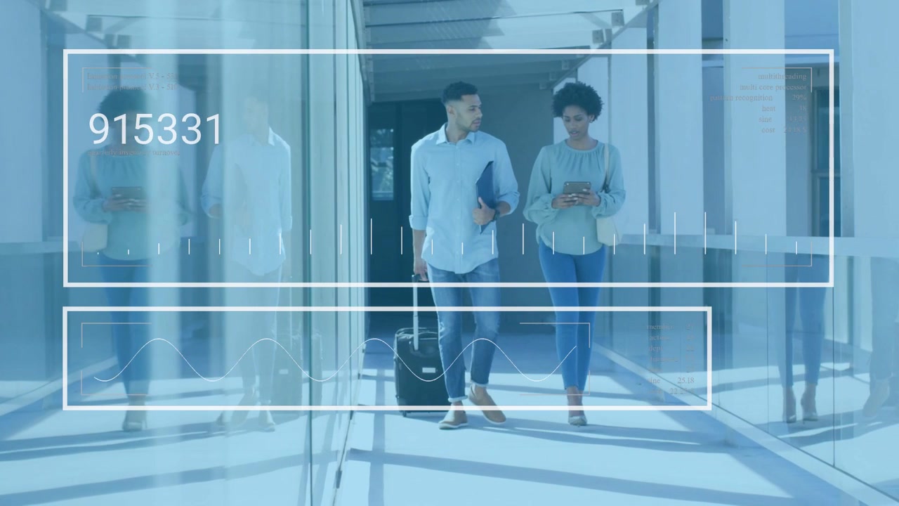 Man rolling case and woman checking phone walking hall, driving business UI updating waveform data