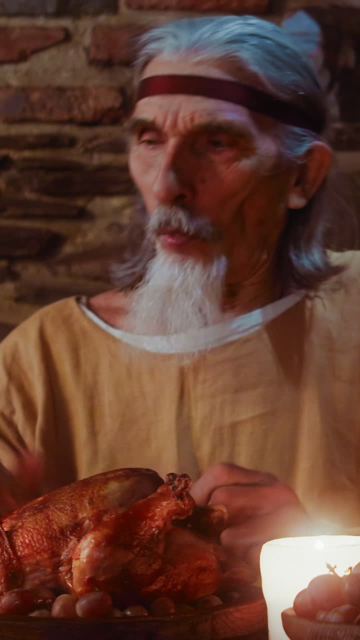 Elderly seigneur tears leg of chicken at medieval party. Grey haired aristocrat with goatee eats baked meat at dining table in tavern. Rich treat for inn guest