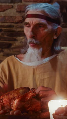 un señor anciano rasga una pierna de pollo en una fiesta medieval. un aristócrata de pelo gris con barba de cabra come carne horneada en la mesa del comedor de la taberna. un rico regalo para el huésped de la posada