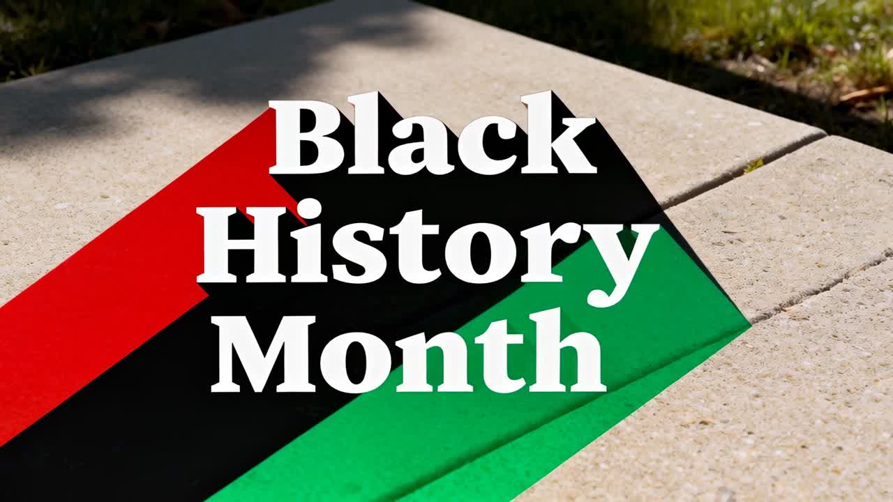 Clip iniziale, camera che si sposta verso l’insegna rossa, nera e verde sul percorso, evidenziando il Black History Month