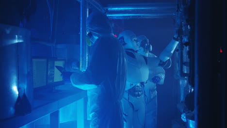 scientists and robots collaborate in a futuristic lab