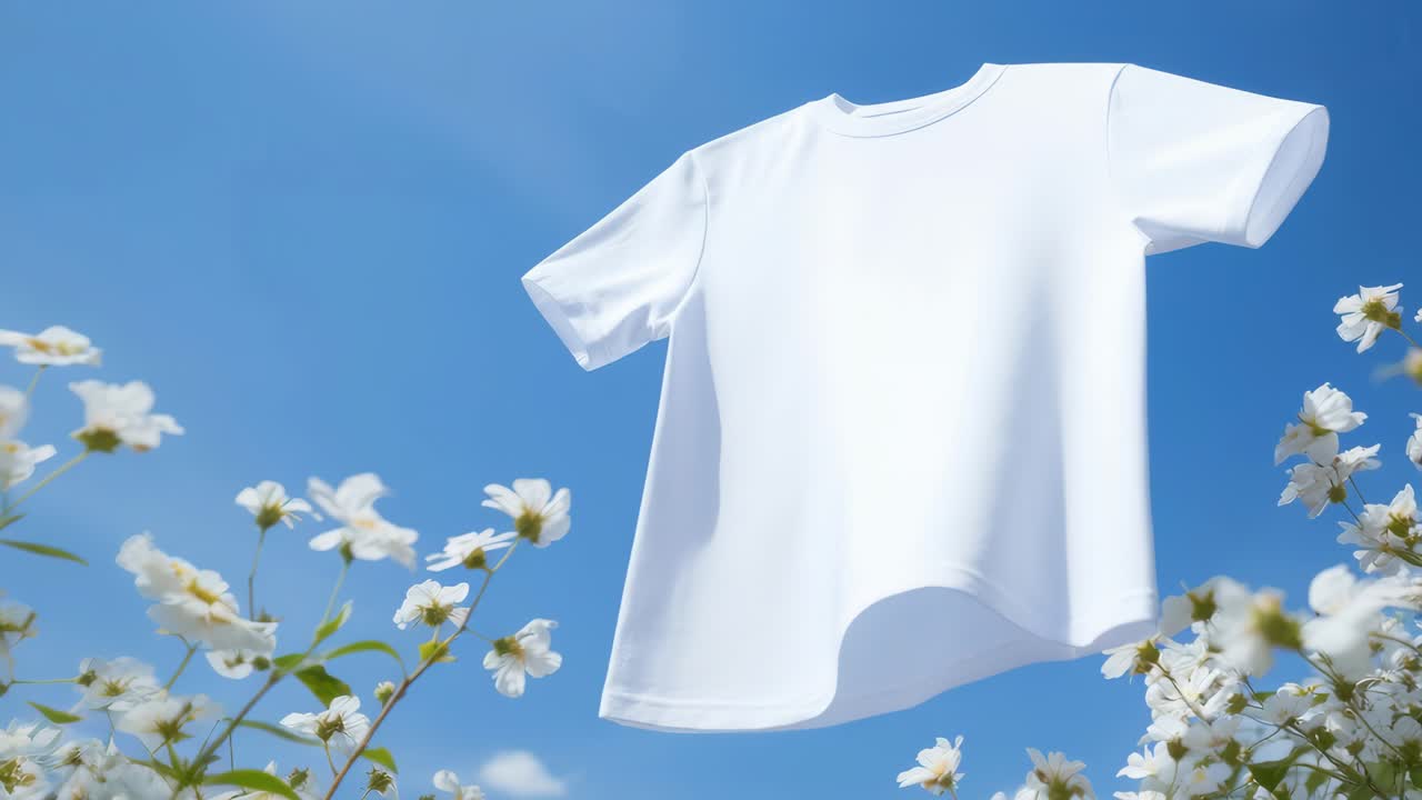 Una T-shirt bianca fluttuante su un cielo azzurro con margherite in primo piano