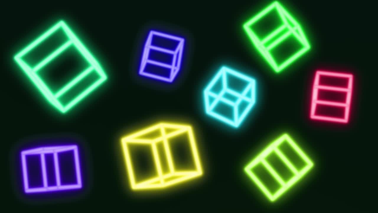 Animazione 3D di cubi geometrici quadrati al neon in movimento. Sfondo concettuale. Loop continuo