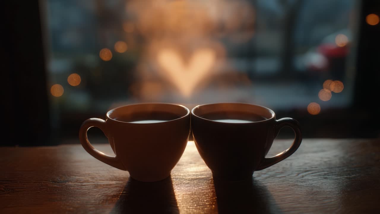 Due tazze di caffè fumante elegantemente posizionate su un tavolo di legno, con uno sfondo di luci bokeh calde e una forma di cuore creata dal vapore sulla finestra