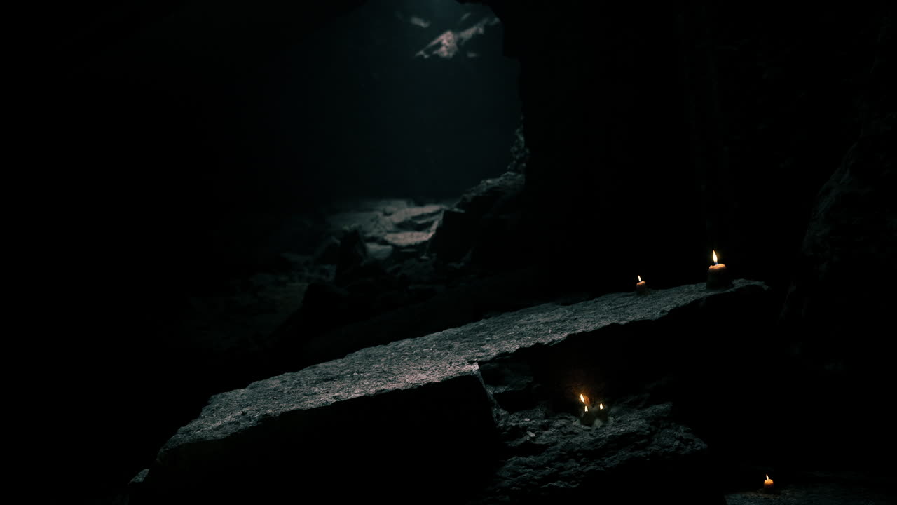 Mysterious cave illuminated by candlelight during twilight hours