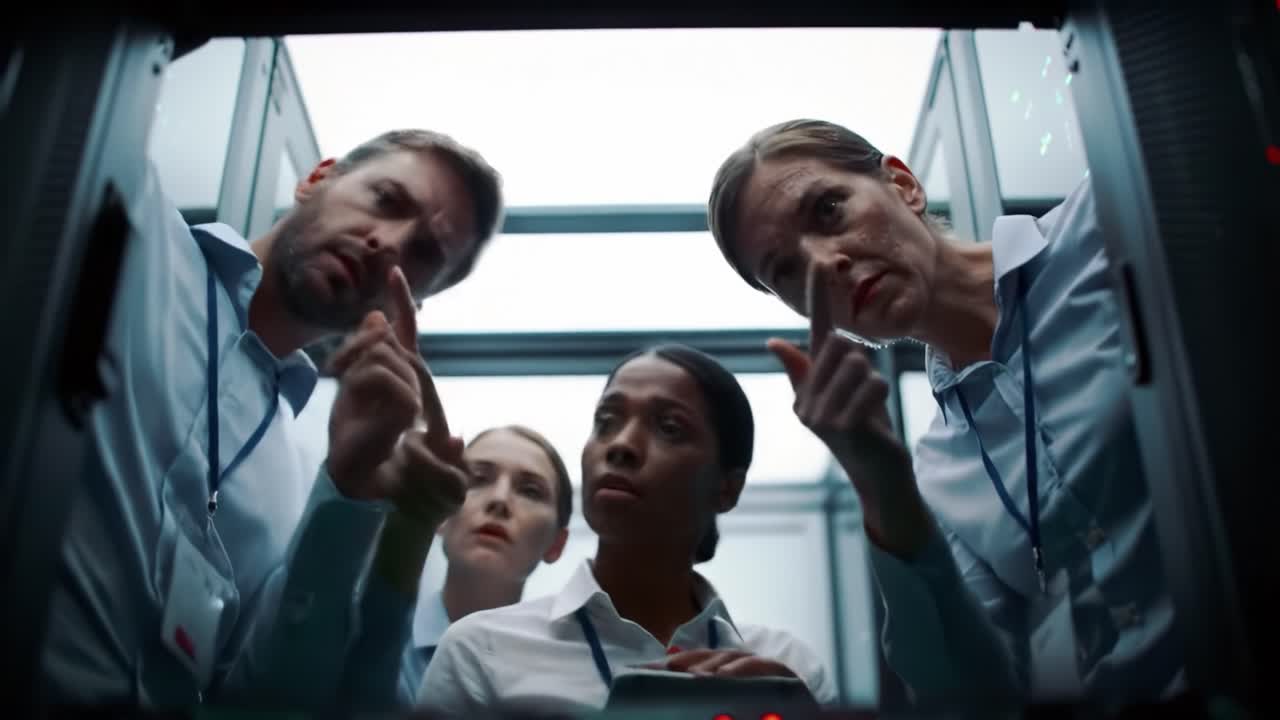 Team of IT professionals analyze server technology, exhibiting teamwork and problem-solving skills as they investigate critical network infrastructure issues