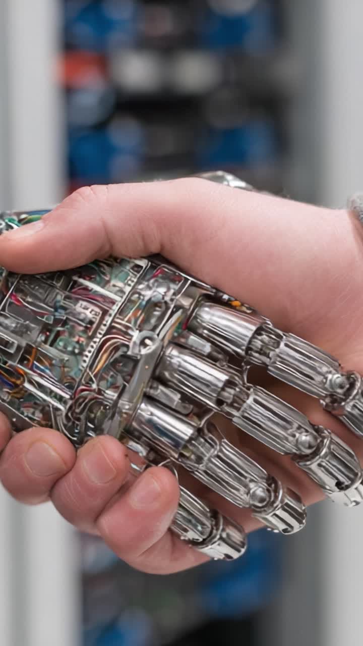 A unique and intricate mechanical hand shakes hands with a human, illustrating the fascinating intersection of technology and humanity in an advanced robotic world