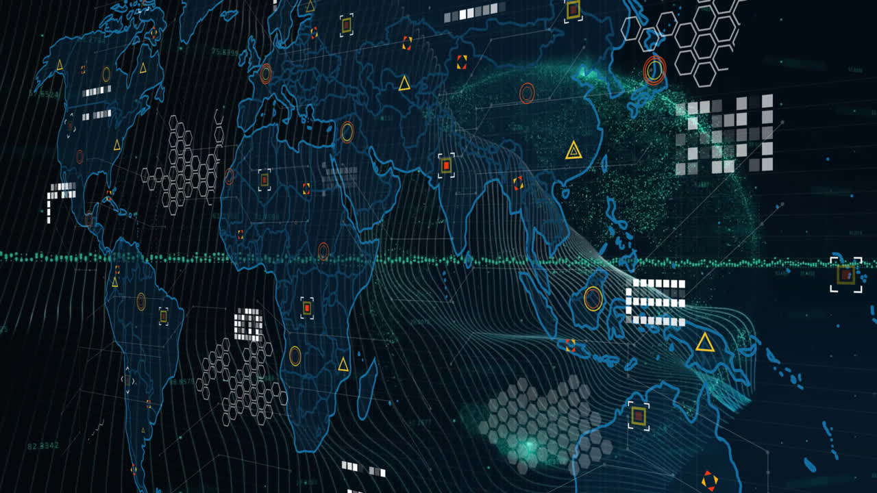 Animation of data processing with world map and globe on black background