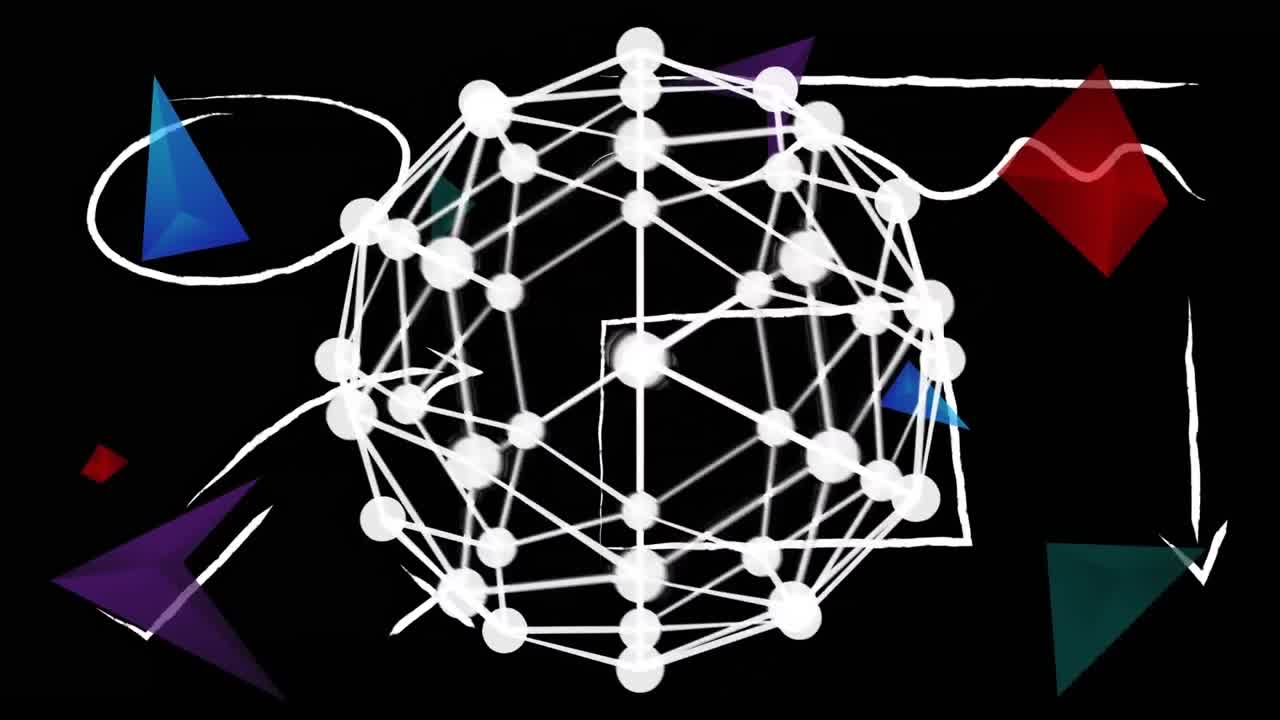 검은색 배경에 다채로운 추상적인 모양을 회전시키는 연결 네트워크의 지구