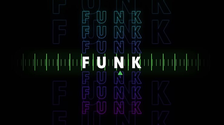Animatie van funk-tekst over gloeiende bewegende groene lijnen