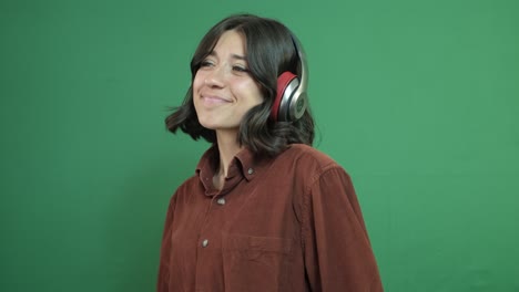 Woman-Headphones-on-Background