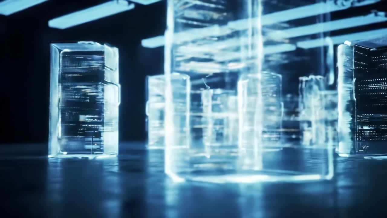 In a captivating nighttime setting, glowing translucent structures create a futuristic digital landscape, showcasing advanced technology and innovative design.