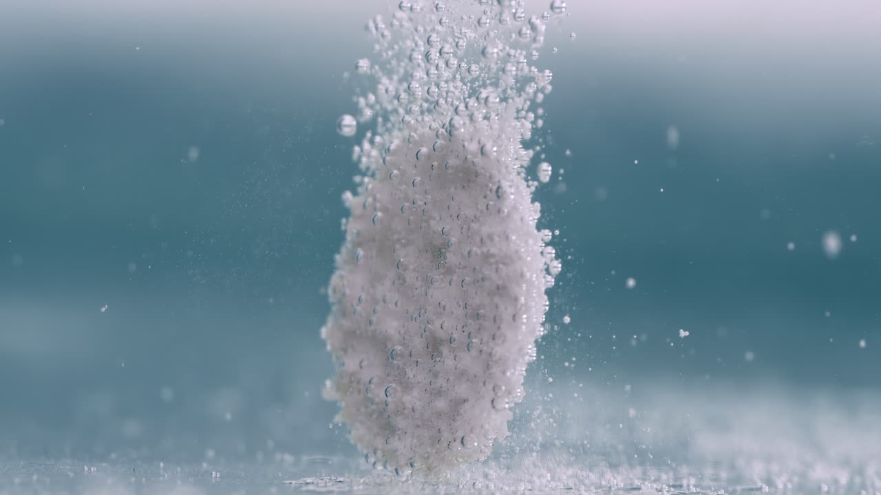 tableta efervescente de primer plano extremo, pastilla burbujeando bajo el agua. disparado en cámara súper lenta 1000 fps.