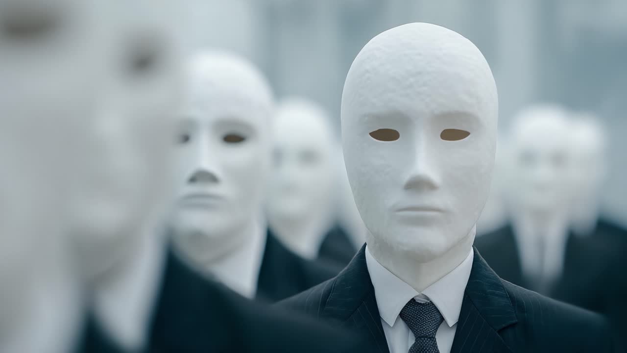 En uhyggelig scene med ansigtsløse figurer klædt i formelle jakkesæt, stående i formation, der fremkalder en følelse af anonymitet og uhyggelig konformitet i et surrealistisk miljø