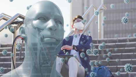Animation-of-covid-19-virus-cells-and-digital-human-head-over-asian-businessman-wearing-face-mask