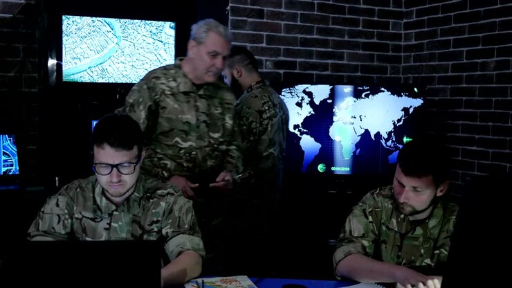 Controllo militare, base di guerra, gruppo di professionisti IT militari