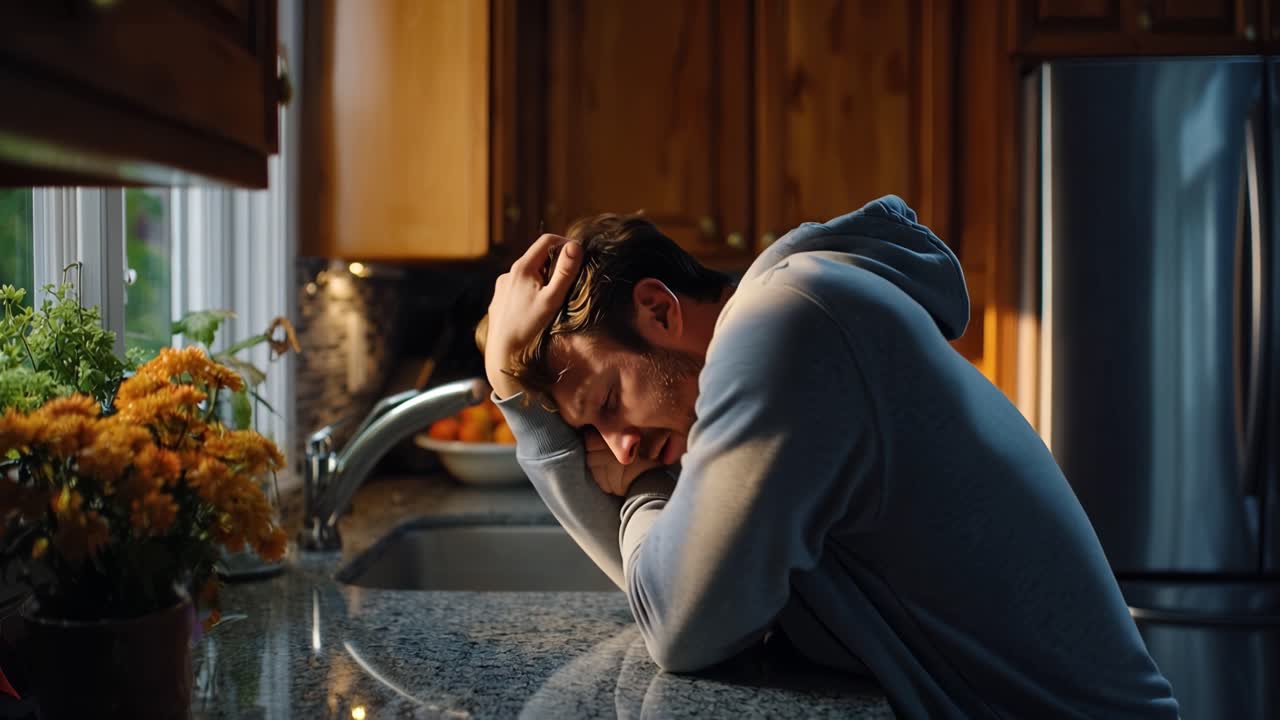 Un uomo appoggia la testa sul bancone, le mani che gli stringono il viso. Si china sul lavandino, gli occhi chiusi, visibilmente stressato o sopraffatto. La calda luce della cucina evidenzia la sua postura e l'espressione di fatica.
