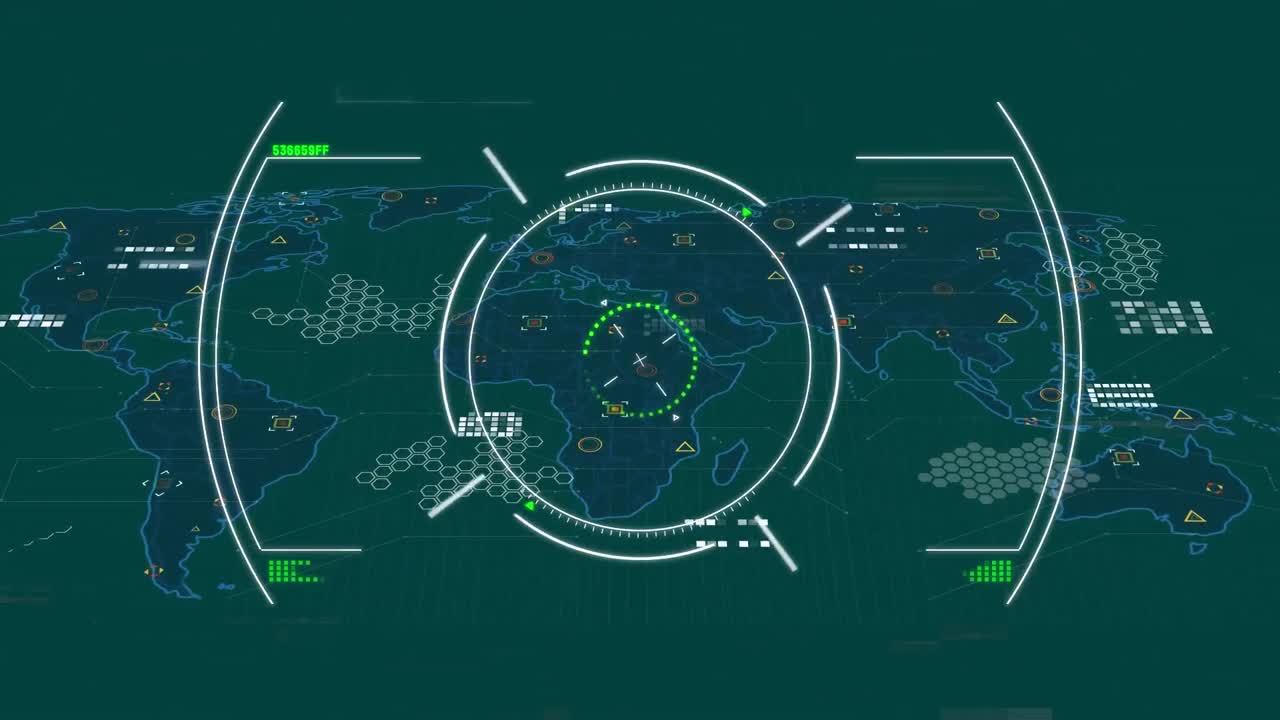 추상적인 배경에 있는 육각형 패턴과 지도 위에 있는 글리치 기법과 원의 애니메이션