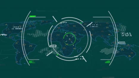 animación de la técnica de glitch y círculos sobre patrones hexagonales y mapa en fondo abstracto