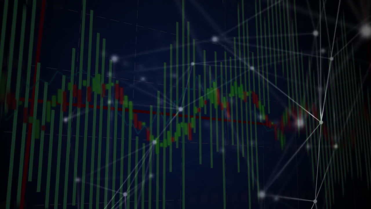 Animation of green and red candlestick chart with network on dark background