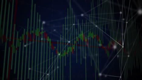 animation of green and red candlestick chart with network on dark background