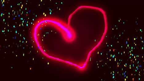 animación de dibujo de luz de corazón rosa de neón, con confeti colorido cayendo sobre un fondo negro