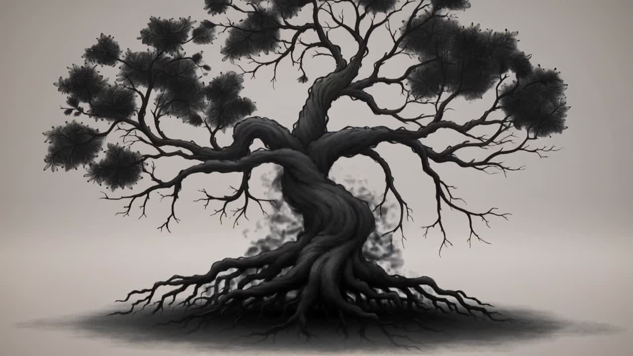 Darkening gnarled tree gaining denser foliage on neutral backdrop as smoke emerging at roots