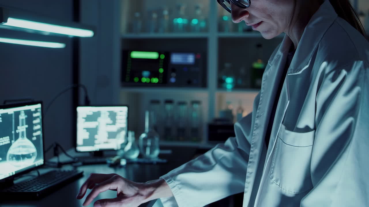 Scientist working in a dark laboratory
