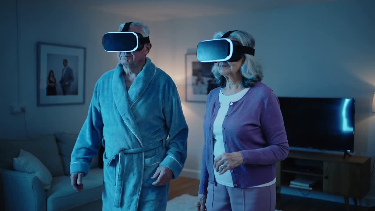 Avvio della VR, una coppia in abbigliamento comodo attraversa il soggiorno, l'uomo si muove e la donna usa il controller.