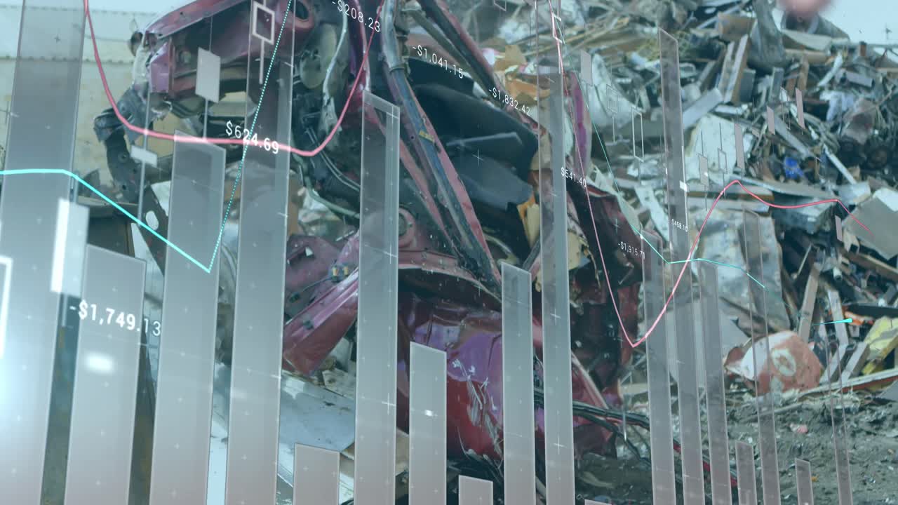 animación de gráficos de procesamiento de datos sobre residuos metálicos en el patio de recuperación