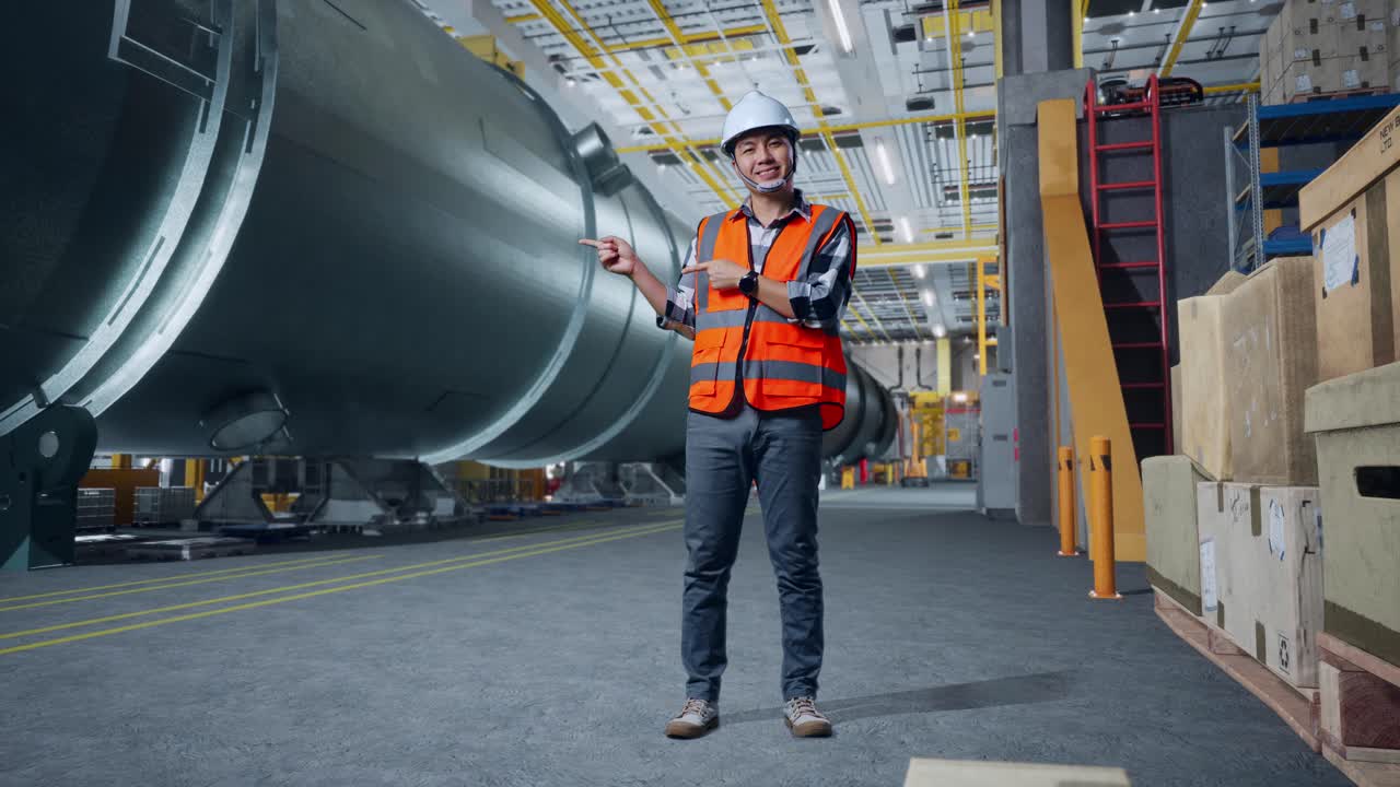 corpo pieno di ingegnere maschio asiatico con casco di sicurezza in piedi in fabbrica di produzione di tubi. sorridendo e indicando a lato raccomanda di qualcosa