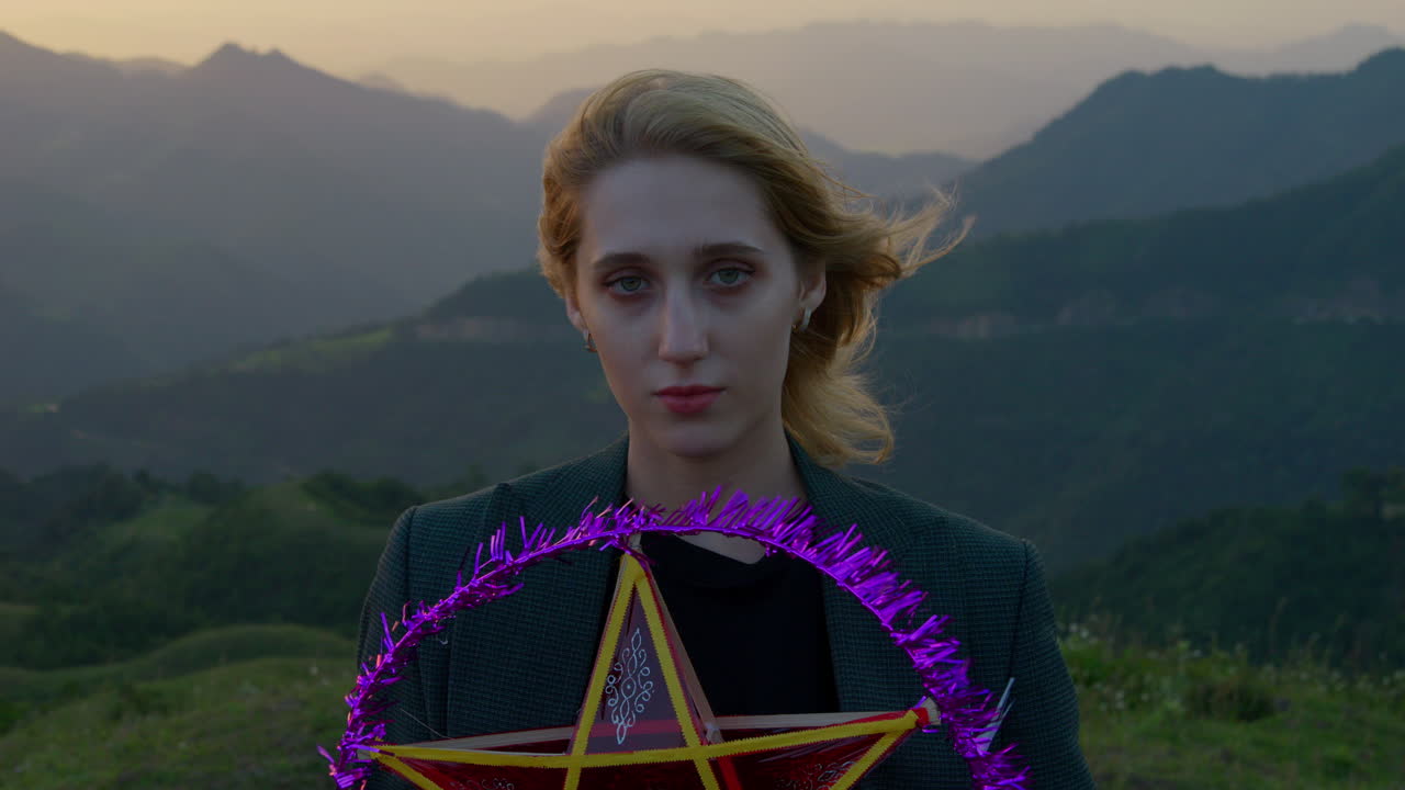 Slow motion shot of a woman removing her Halloween mask in the countryside
