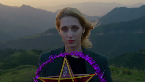 Slow motion shot of a woman removing her Halloween mask in the countryside