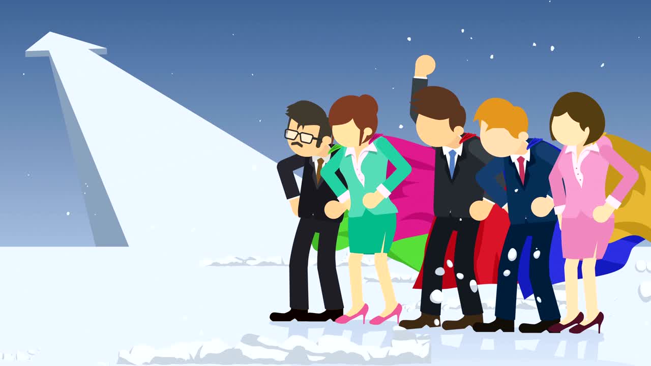 화살표 그래프: 먼지 구름 근처에 서있는 슈퍼 히어로, 비즈니스 팀 상징, 팀워크 및 도전 개념, 만화 루프 애니메이션.