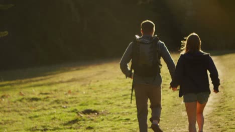 A-couple-run-hand-in-hand-towards-a-forest-1