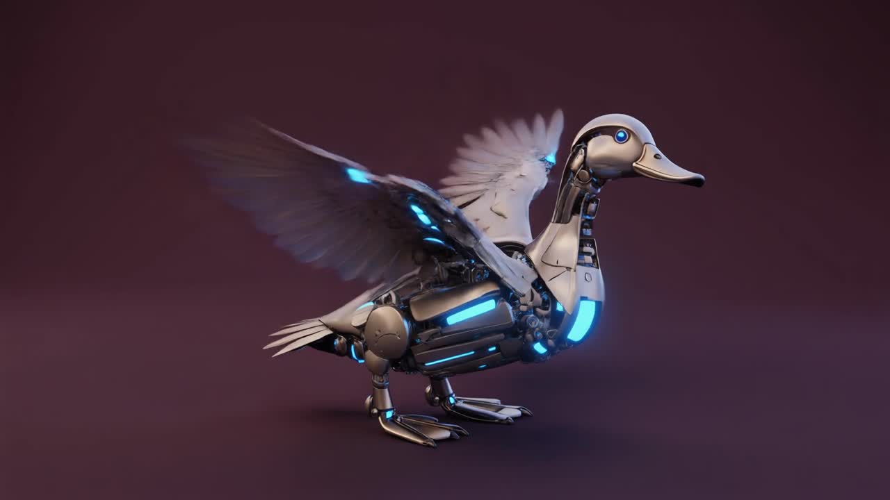 Anatra Robotica Futuristica che Batte le Ali con Luci Blu