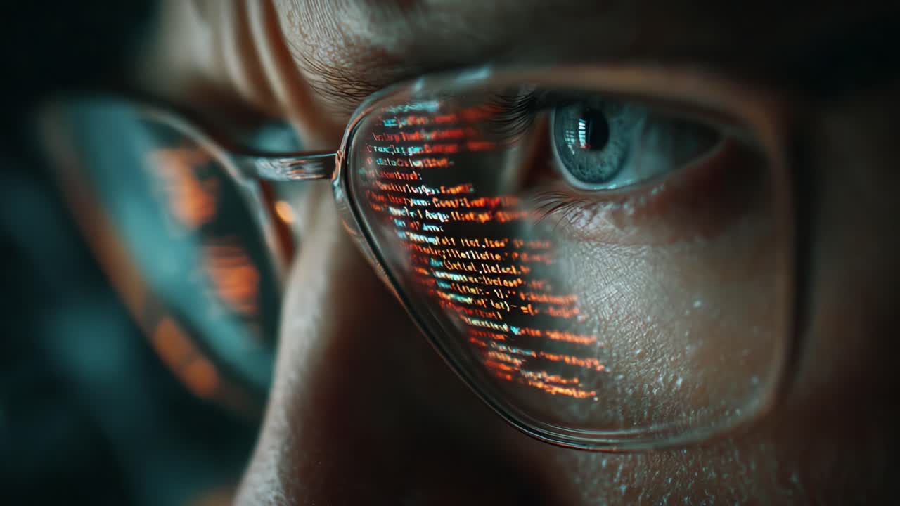 Close-Up of a Focused Person Analyzing Code Through Glasses with Reflected Digital Data, Capturing the Essence of Programming and Concentration