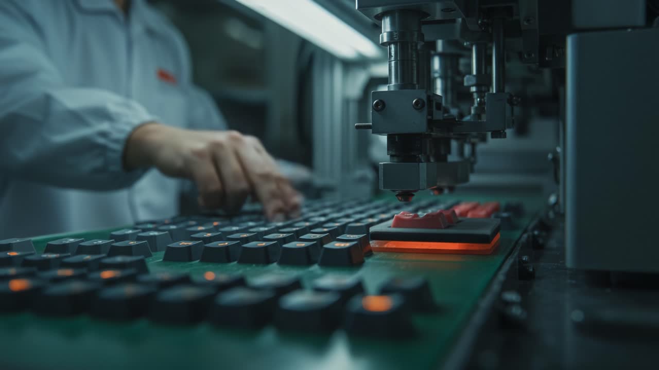 Precision Manufacturing Process Highlighting Automated Equipment and Operator Interaction with Keypads in a Controlled Environment