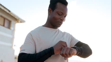 outdoor, smart watch and black man with exercise