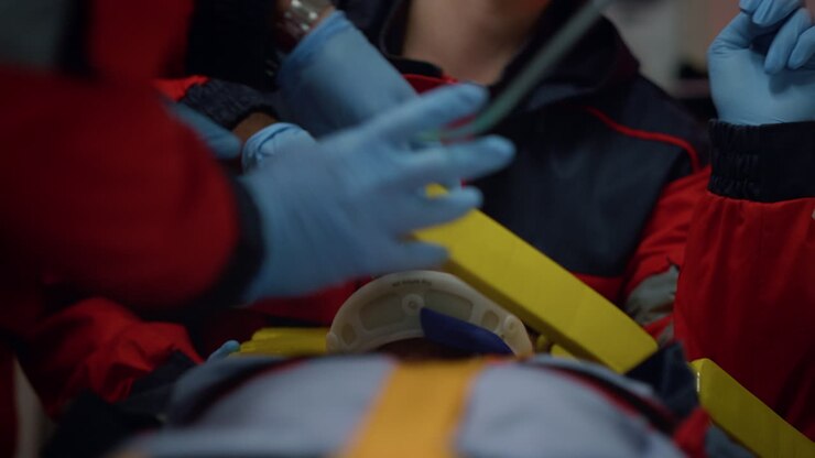 Medical assistants performing first aid in ambulance car