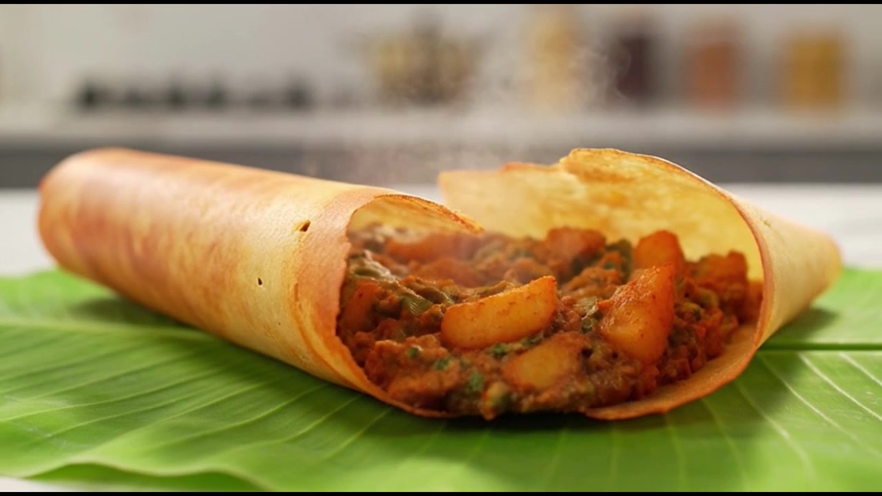 Steaming Hot Masala Dosa Served on a Banana Leaf