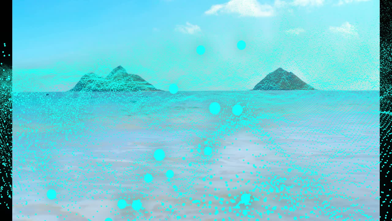 Digital ocean mapping showing twin and small-peaked islands emerging from dotted sea in 3D render