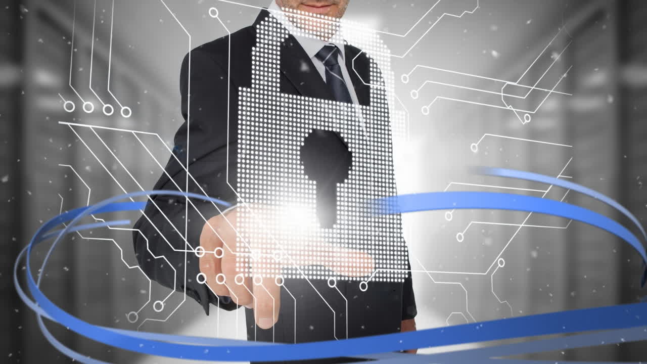 디지털 보안  ⁇ 락을 들고 있는 백인 남자의 중간 부분 위에 떠다니는 먼지의 애니메이션