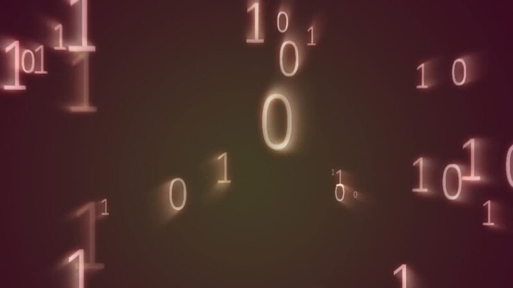 Animazione di elaborazione dati di codice binario su sfondo scuro