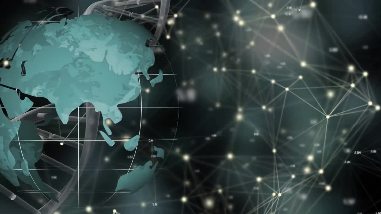 Animation of dna strand over globe with network of connections