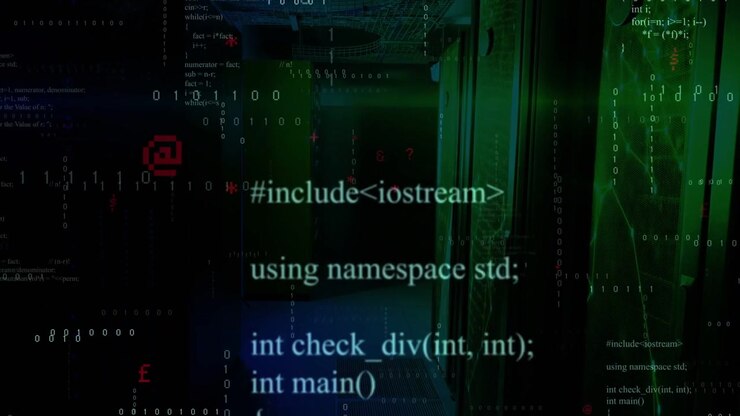 Server-room corridor filling with flowing code and binary appearing on network input, showing data