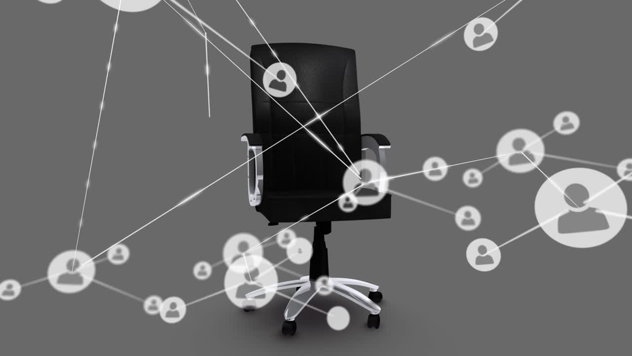 Animation of network of connections with icons over office chair
