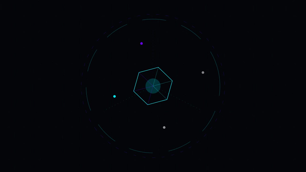 Abstract Digital Hexagon Interface Rotating with Orbiting Particles