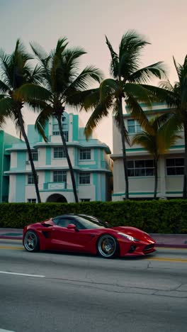 red sports car driving past art deco buildings and palm trees